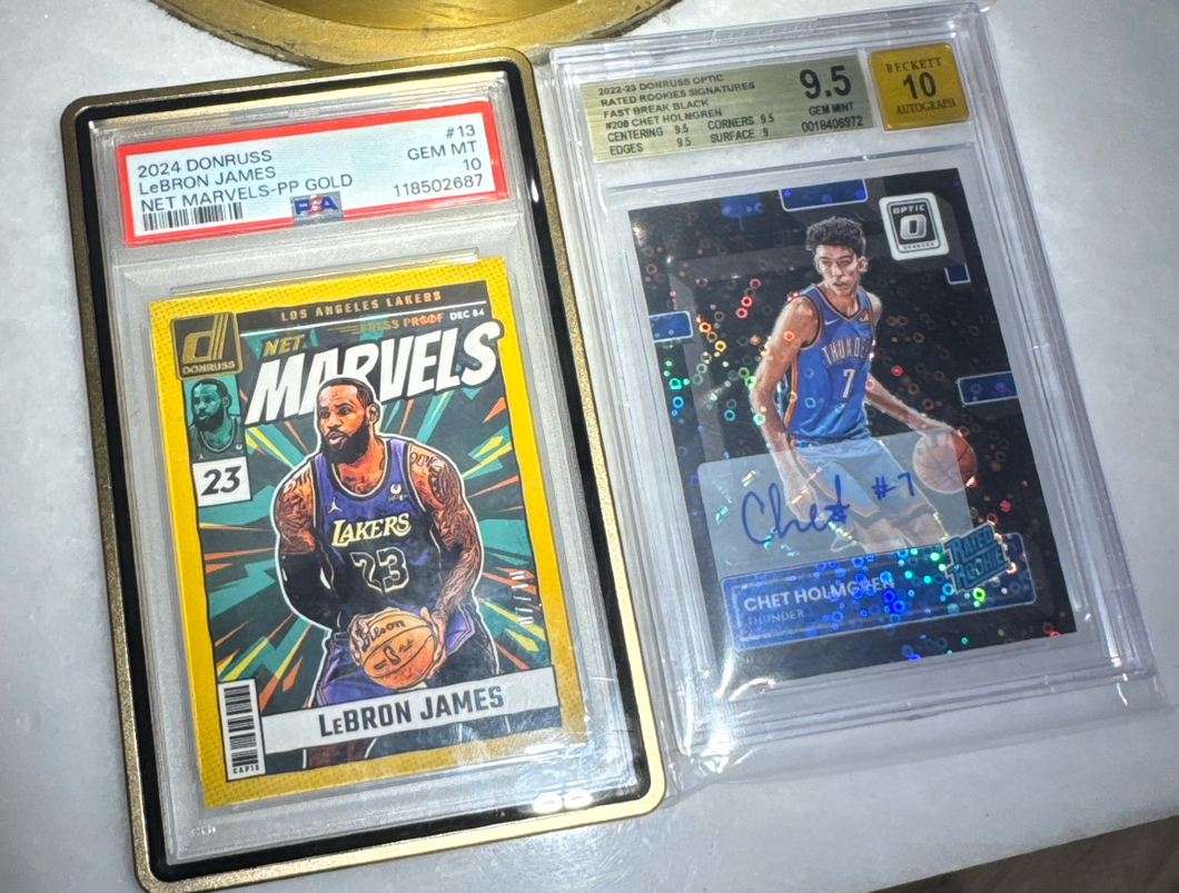 Lebron James Gold Marvel /10 PSA 10 & Chet Holgrem fast break black auto bgs 9.5